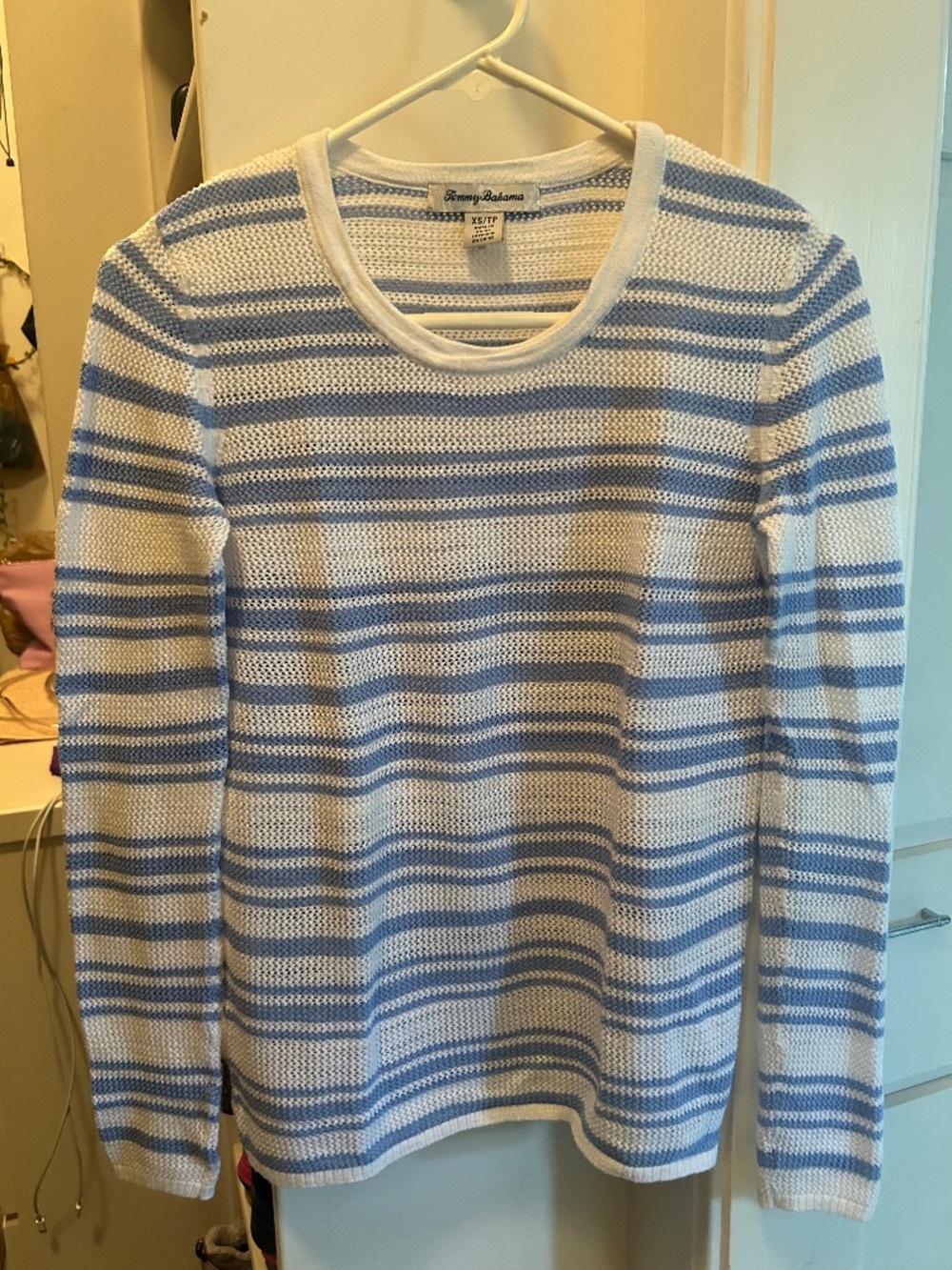 Tommy Bahama Blue and White Striped Knit Sweater